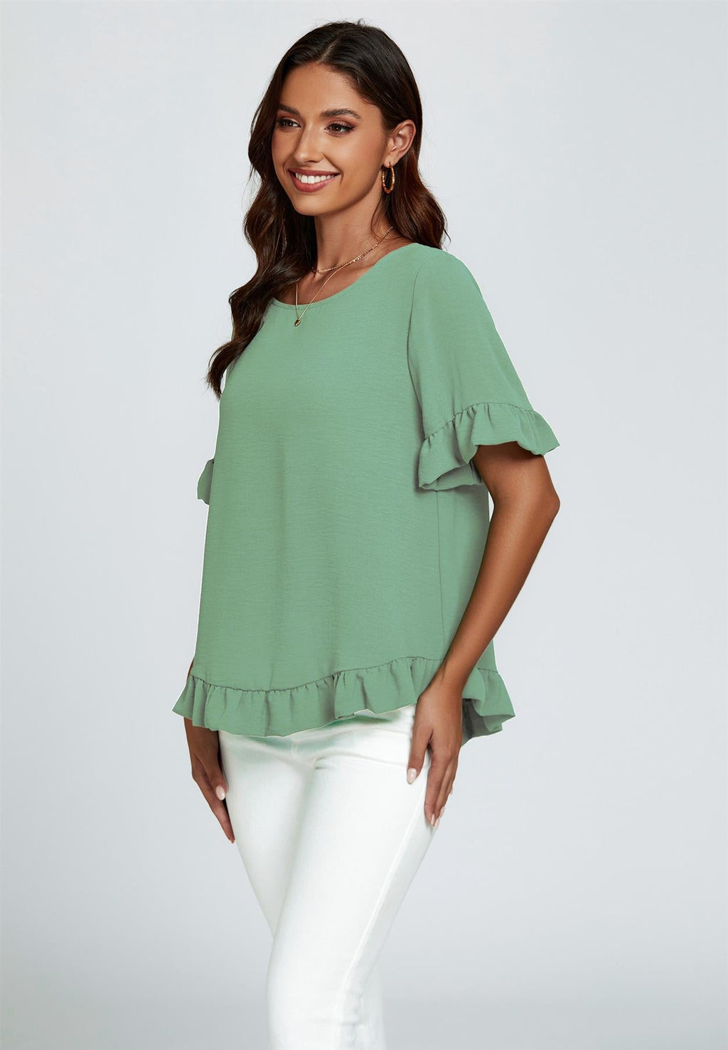 Frill Detail Short Sleeves Top In Light Green