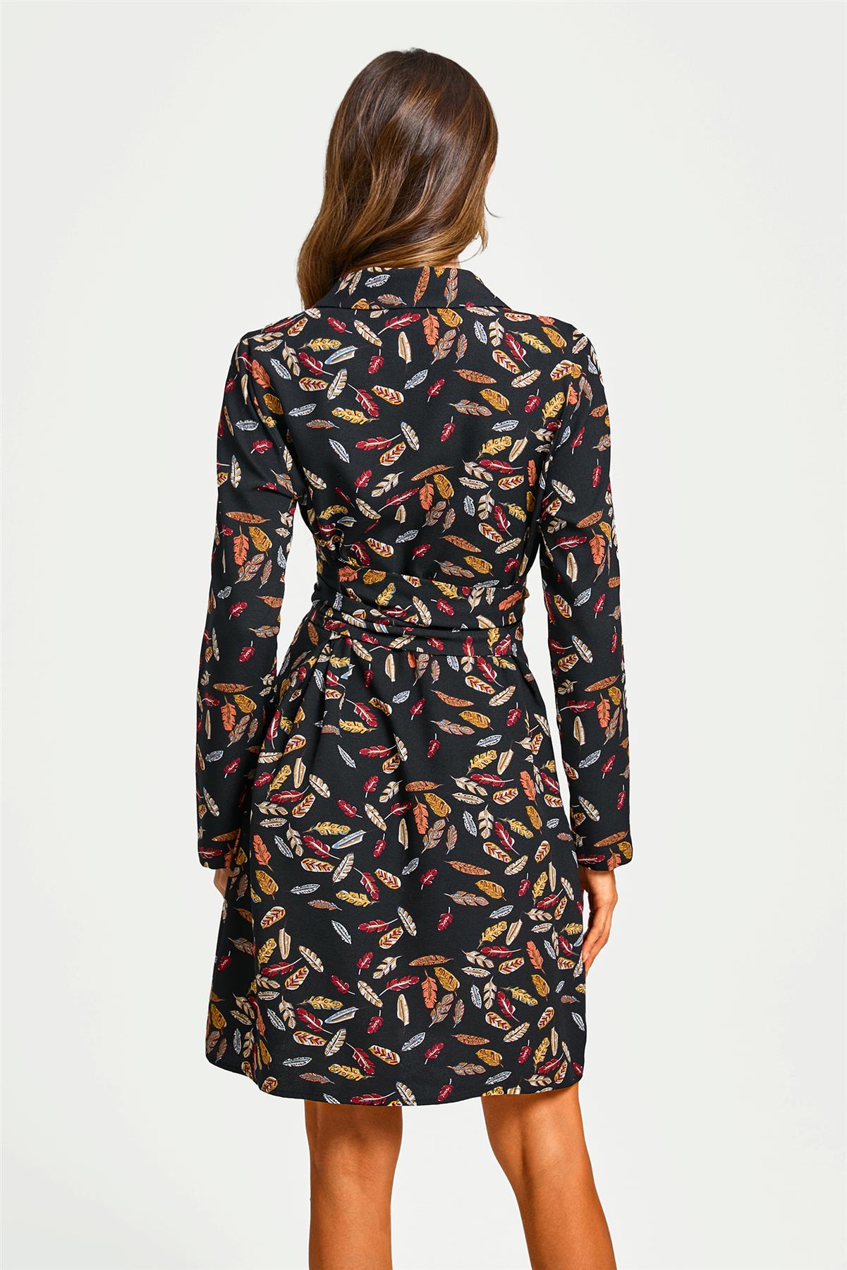 Leaf Print Tie Front Mini Shirt Dress in Black - Miola