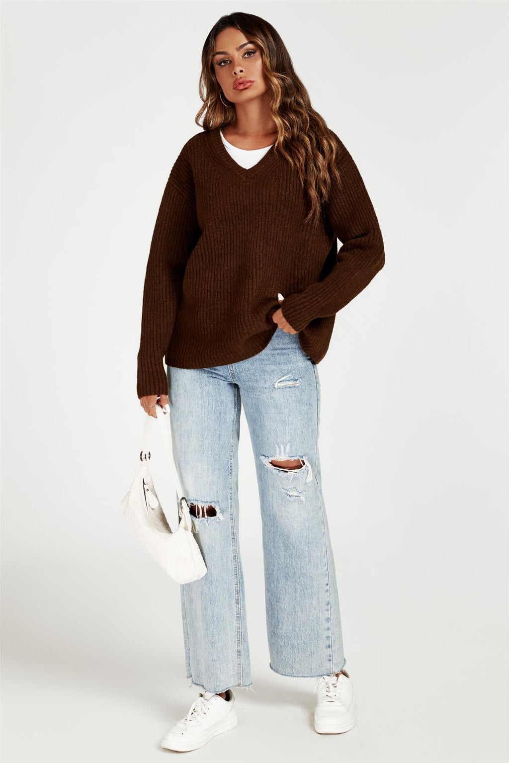 V Neck Jumper Top In Brown