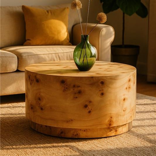 Natural Burl Wood Round Coffee Table with Drum Shape Design, Mota - Miola
