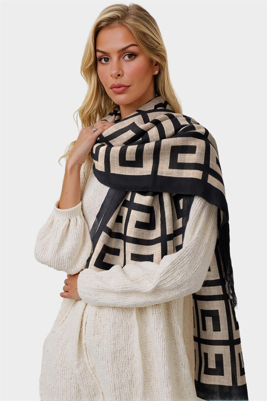 Geo Print Scarf In Beige & Black