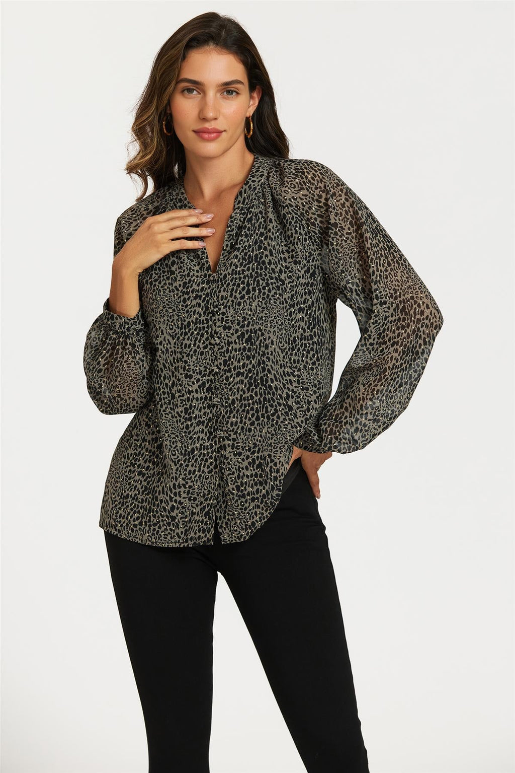Gold Foil Leopard Print long sleeve Blouse Top In Black