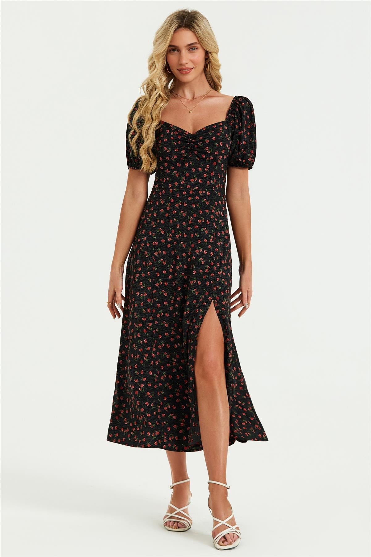 Puff Sleeve Heart Neckline Midi Dress In Black