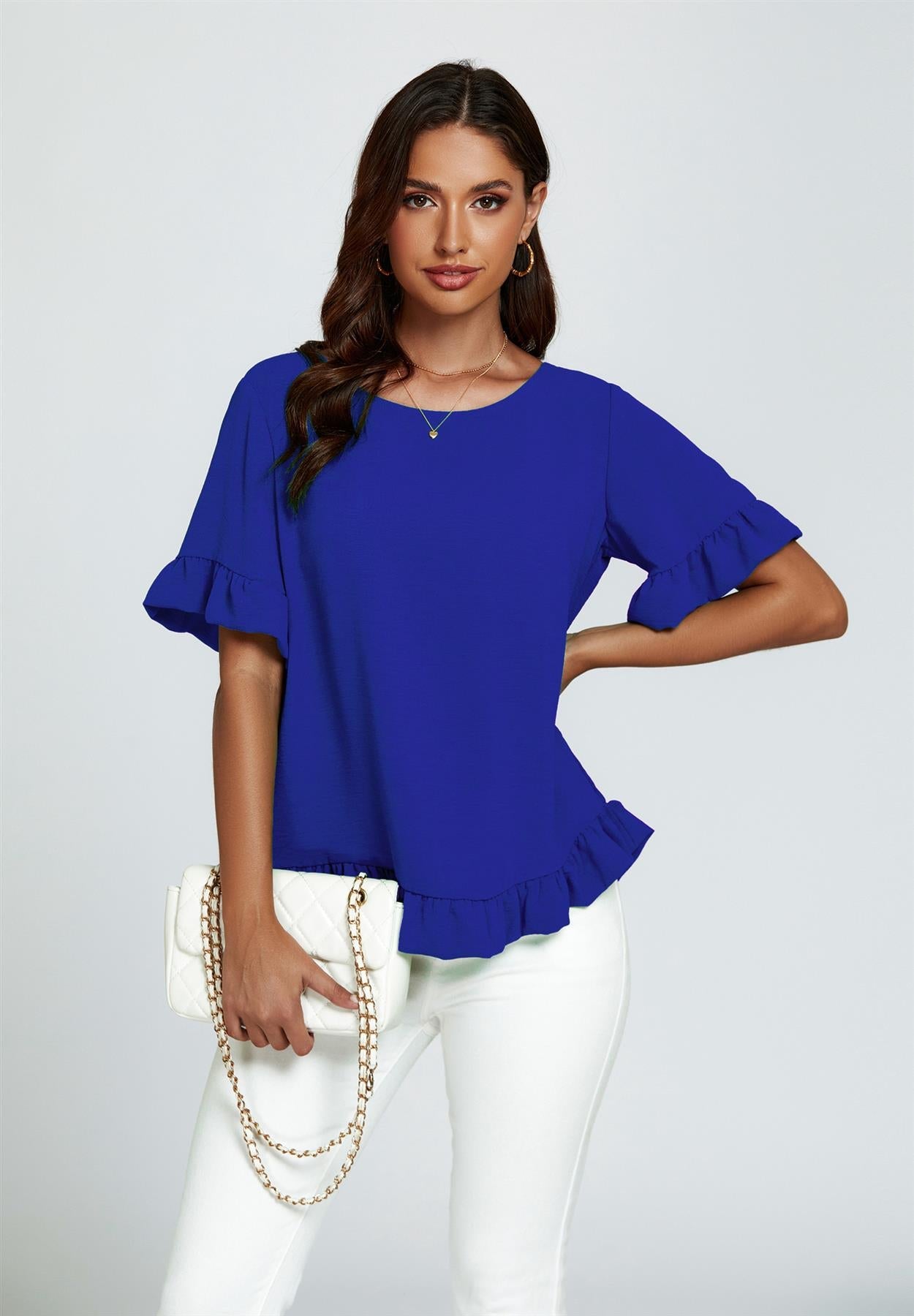 Frill Detail Short Sleeves Top In Royal Blue