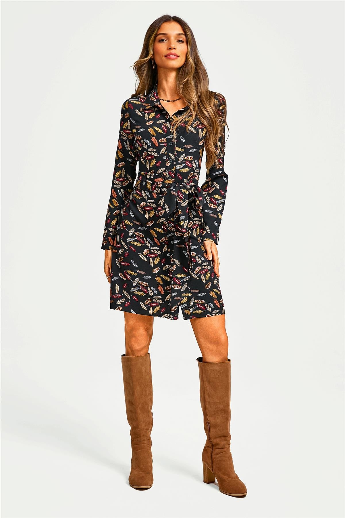 Leaf Print Tie Front Mini Shirt Dress in Black - Miola