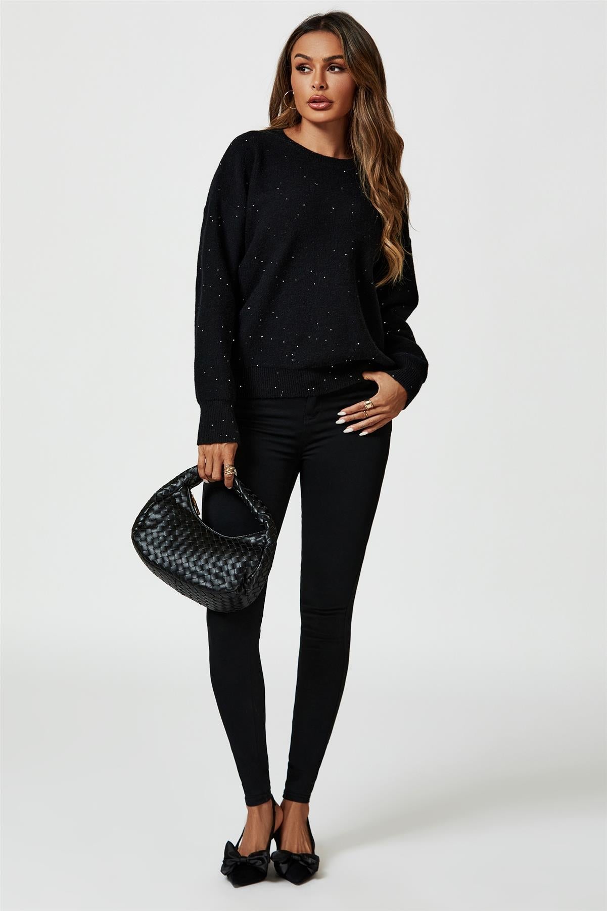Scatter Sequin Jumper Top In Black