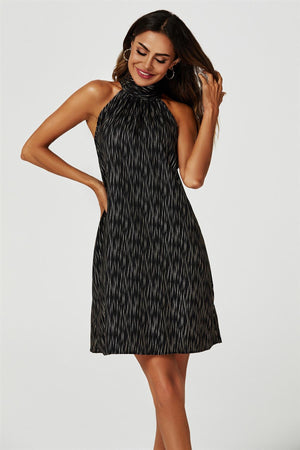 Gold Foil Halter Neck Tie Back Mini Dress In Black