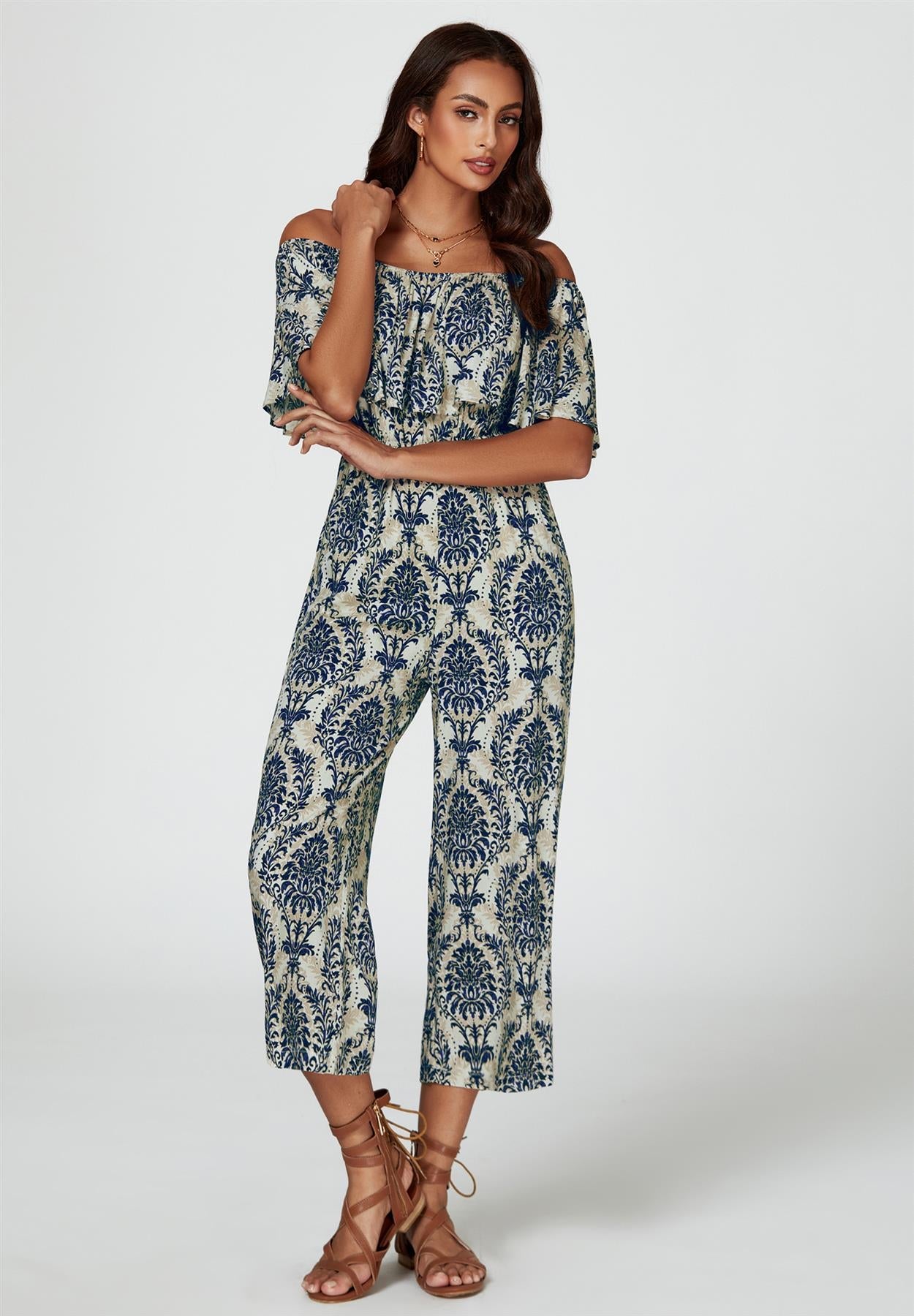 Off The Shoulder Print Frill Jumpsuit In Navy