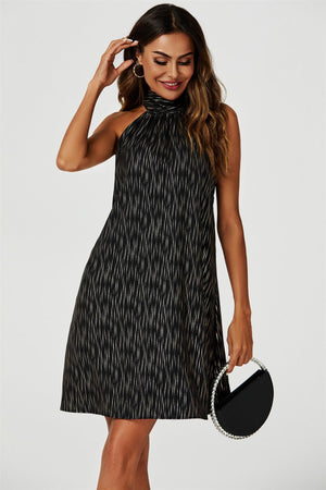 Gold Foil Halter Neck Tie Back Mini Dress In Black