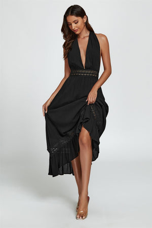 Lace Detail V Neckline Maxi Dress In Black