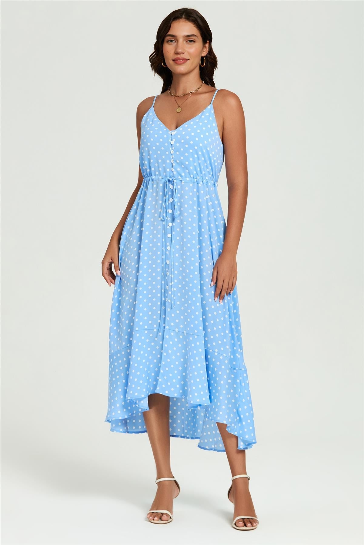 Dot Print Button Down High Low Strappy Dress In Light Blue