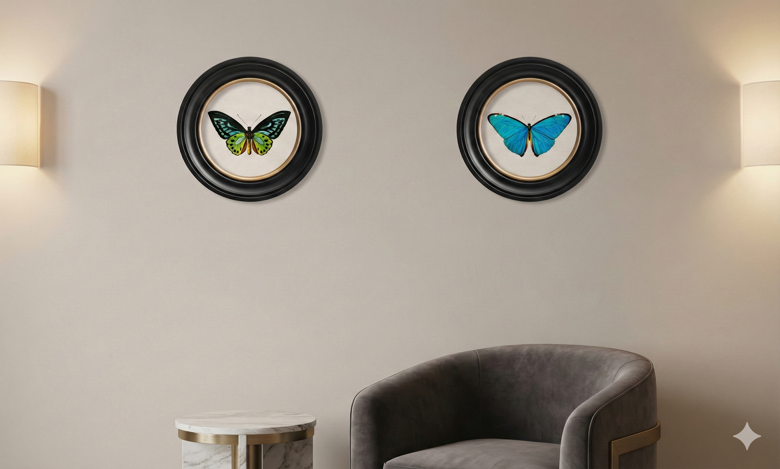 Two framed butterfly artworks on a wall with a gray chair and table below.