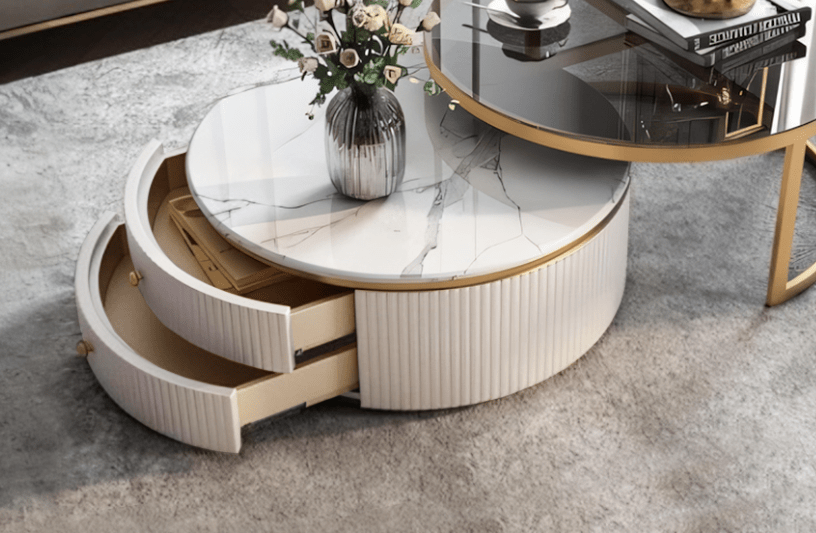 Bell Nesting Coffee Table Set, White & Gold - Miola