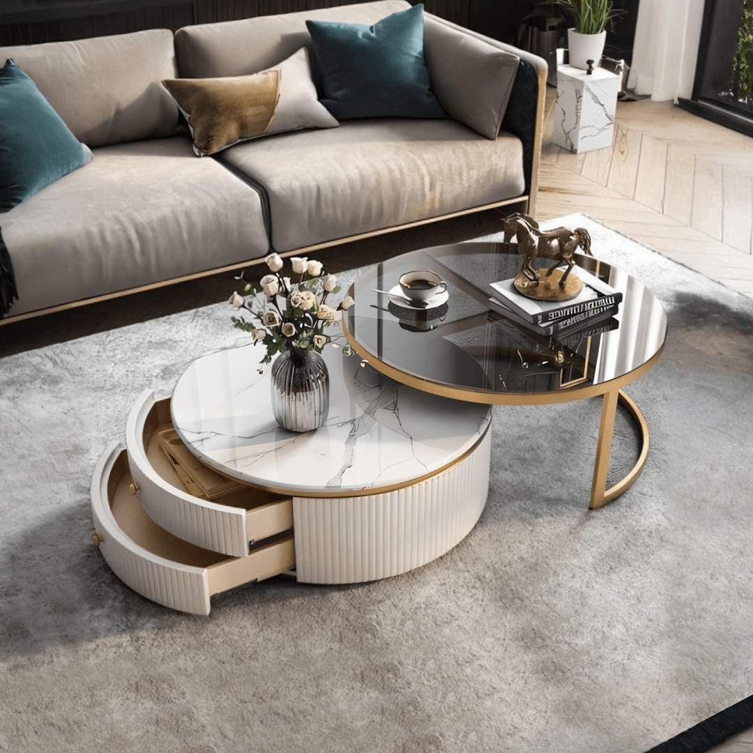 Bell Nesting Coffee Table Set, White & Gold - Miola