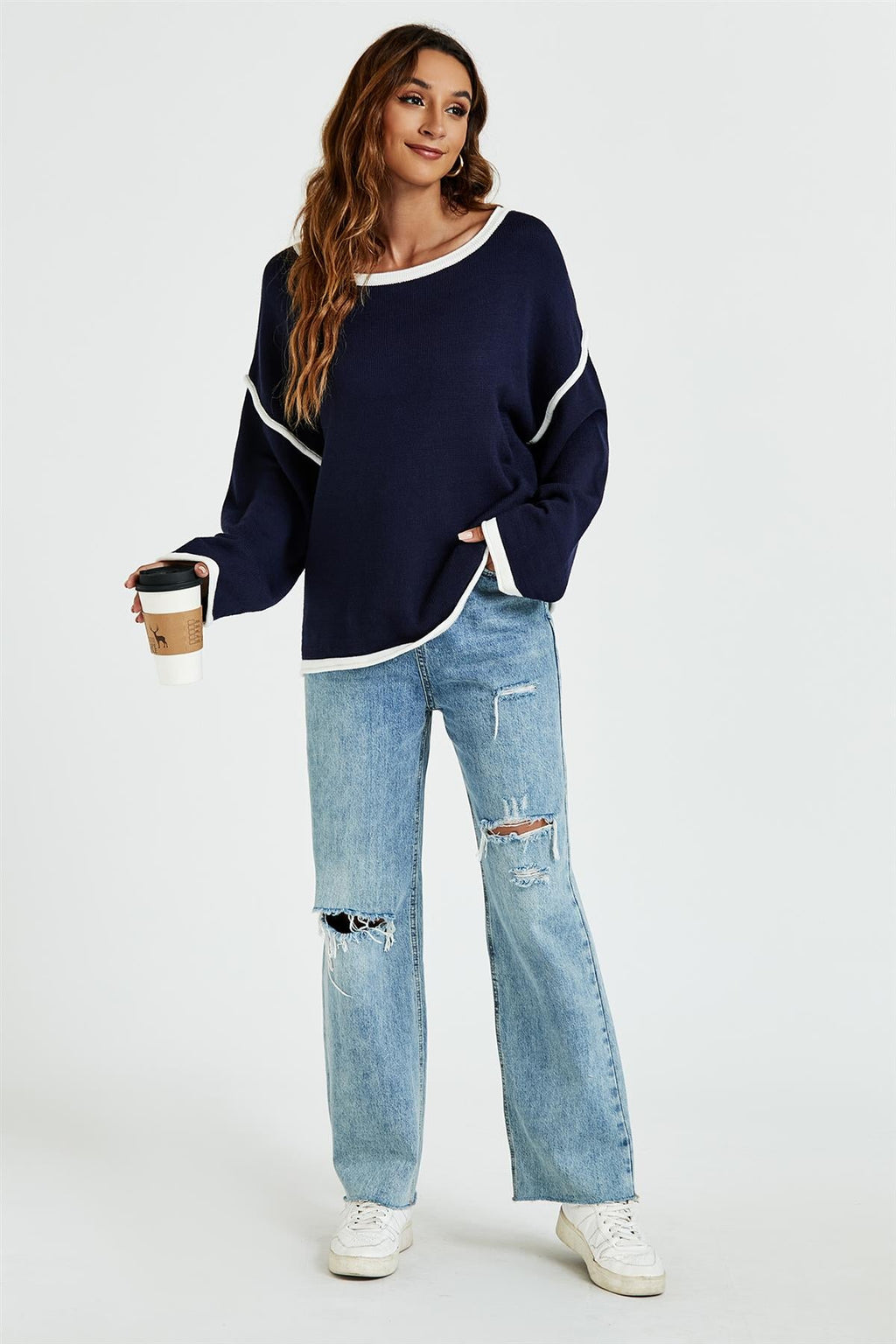 White Striped Oversized Jumper Top in Navy - Miola