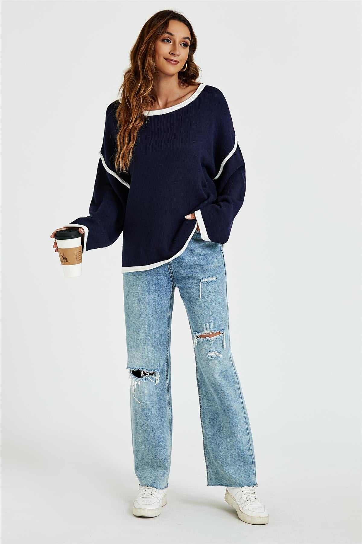 White Striped Oversized Jumper Top in Navy - Miola