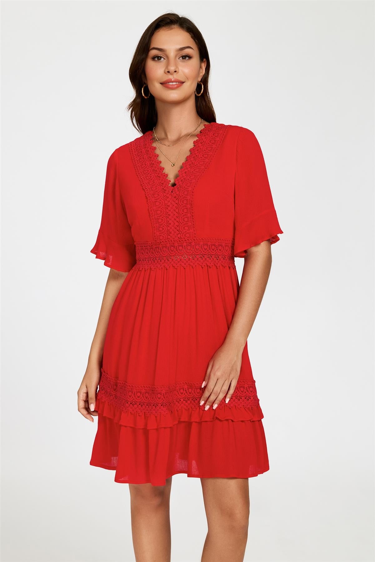 V Neck Lace Mini Dress In Red