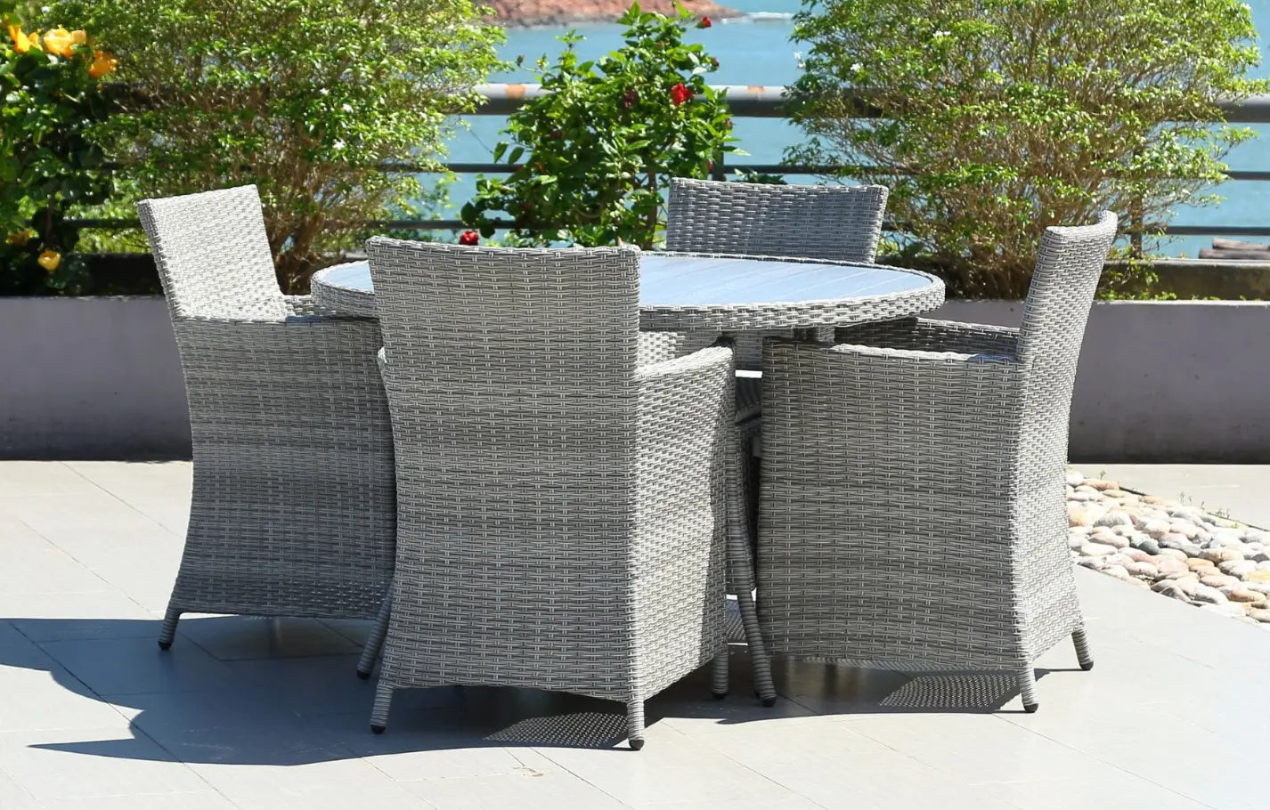 4 Seater Round Rattan and Polywood Grey Garden Dining Set 120cm