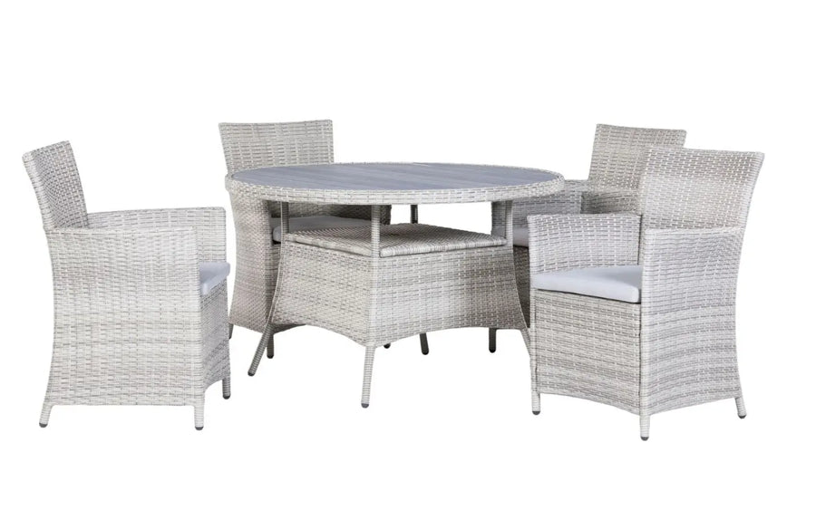 4 Seater Round Rattan and Polywood Grey Garden Dining Set 120cm