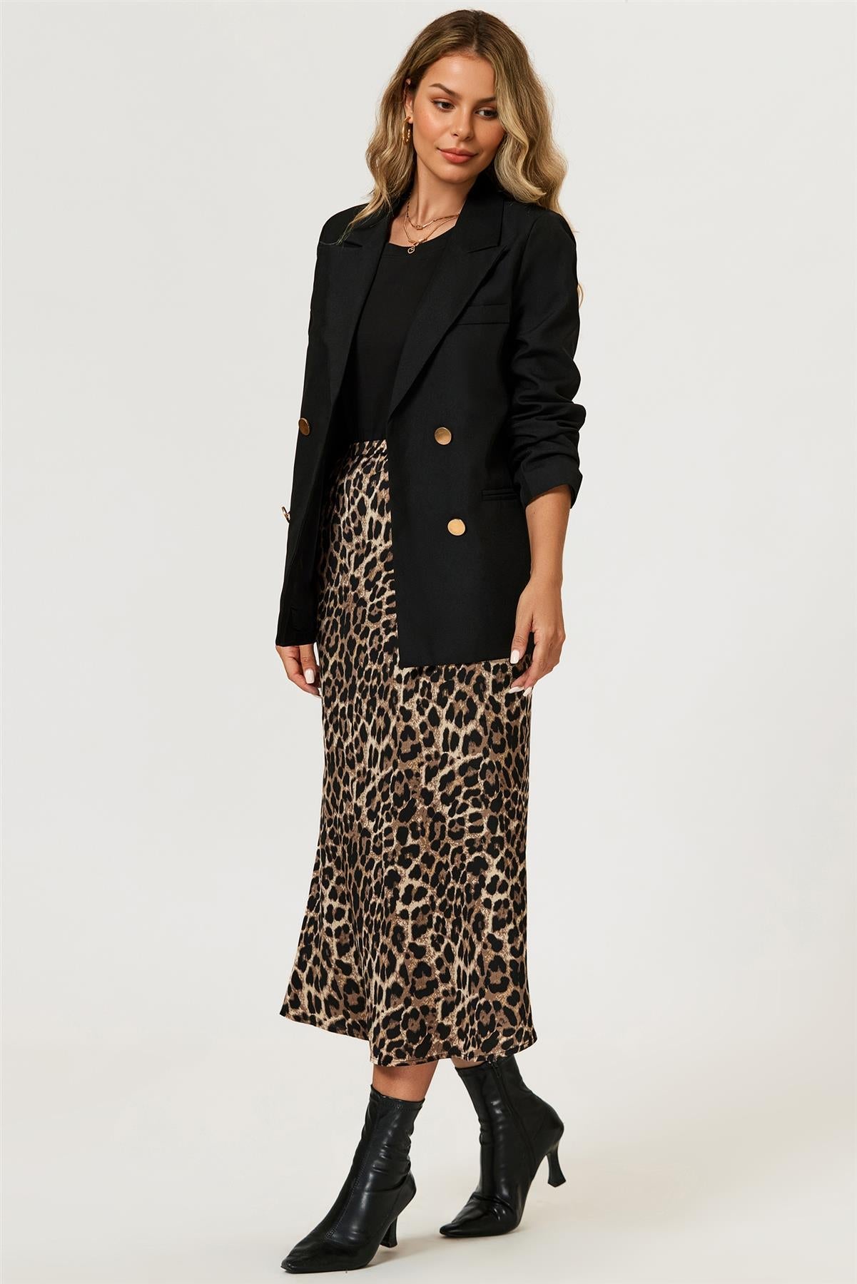Leopard Print Satin Midi Skirt In Brown