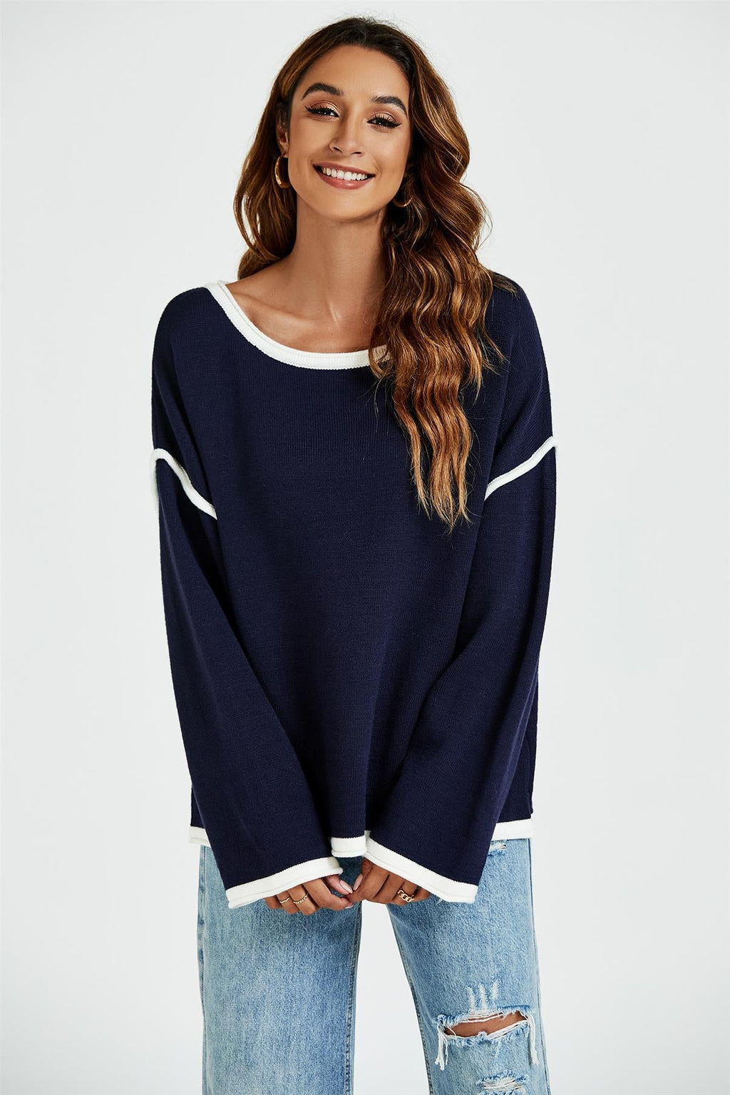 White Striped Oversized Jumper Top in Navy - Miola