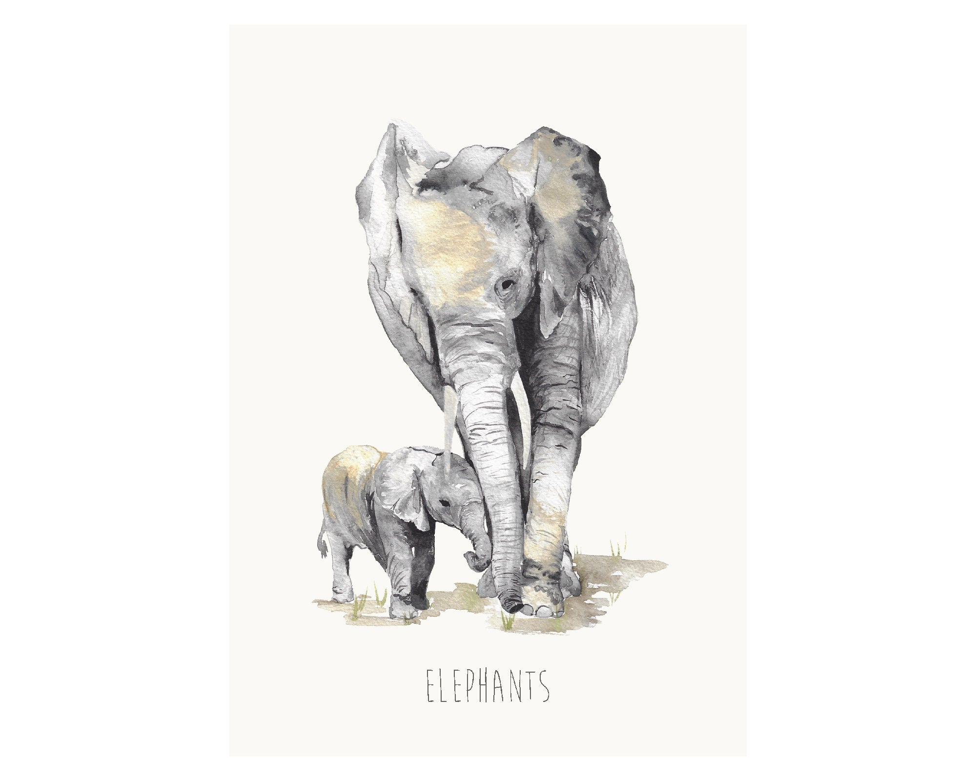 Elephant Mum and Baby Watercolour Print