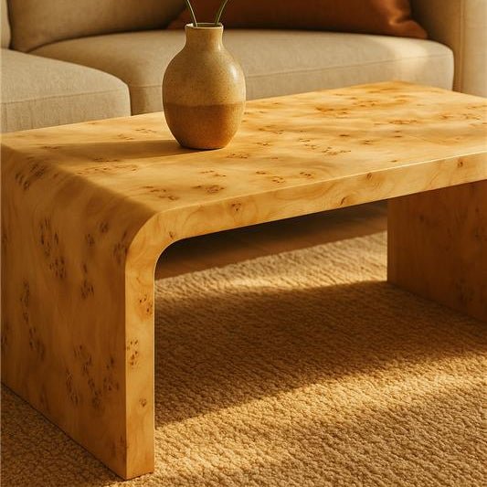 Natural Burl Wood Curved Coffee Table with Smooth Curved Edges, Mota - Miola
