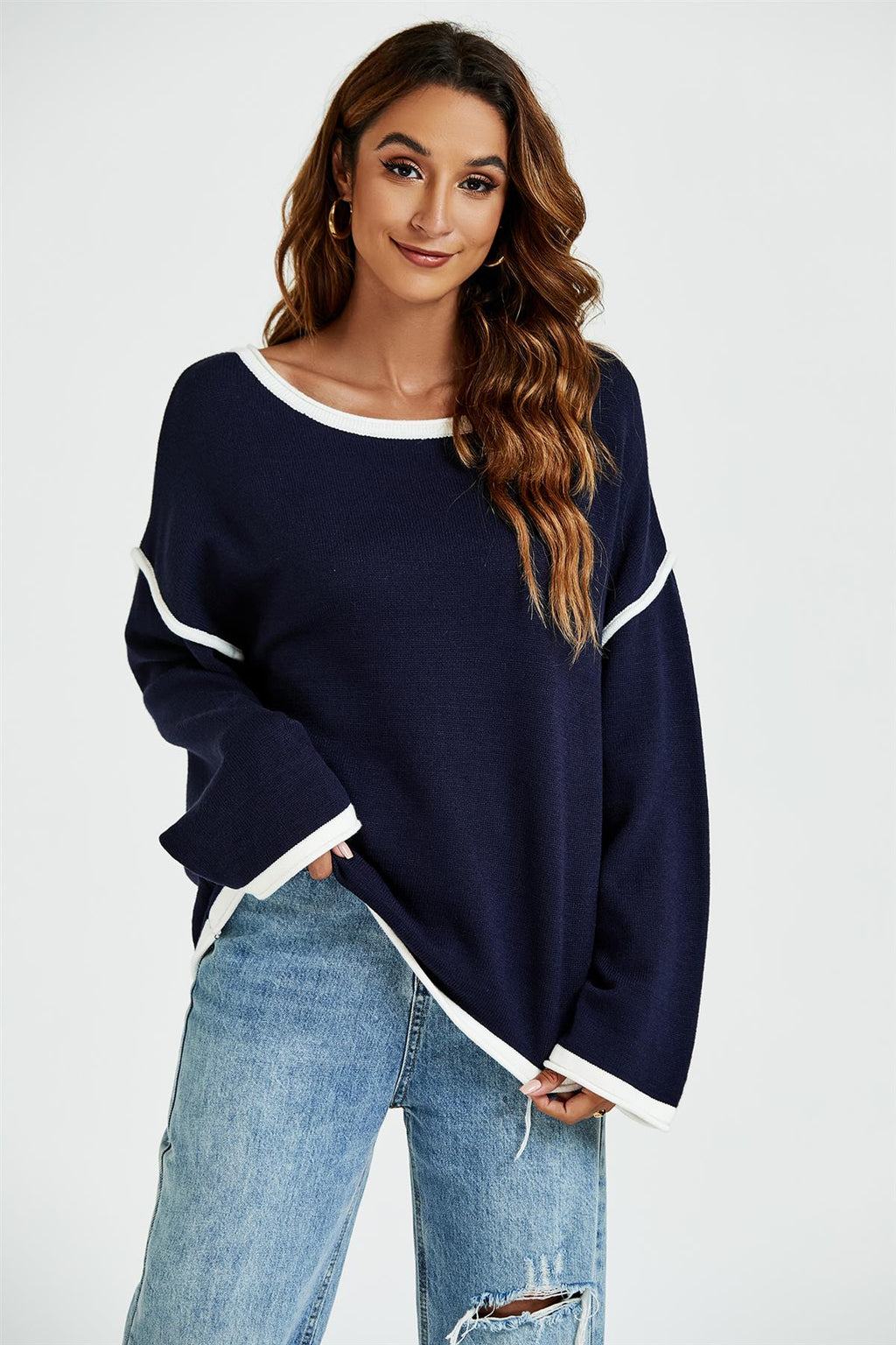 White Striped Oversized Jumper Top in Navy - Miola