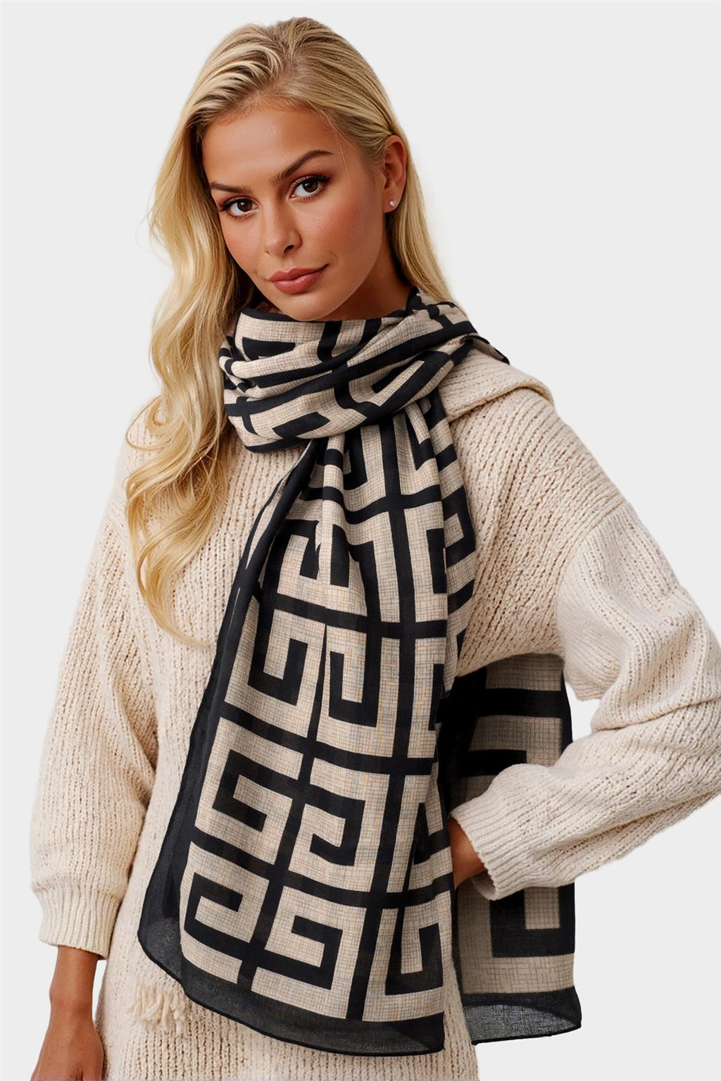 Geo Print Scarf In Beige & Black