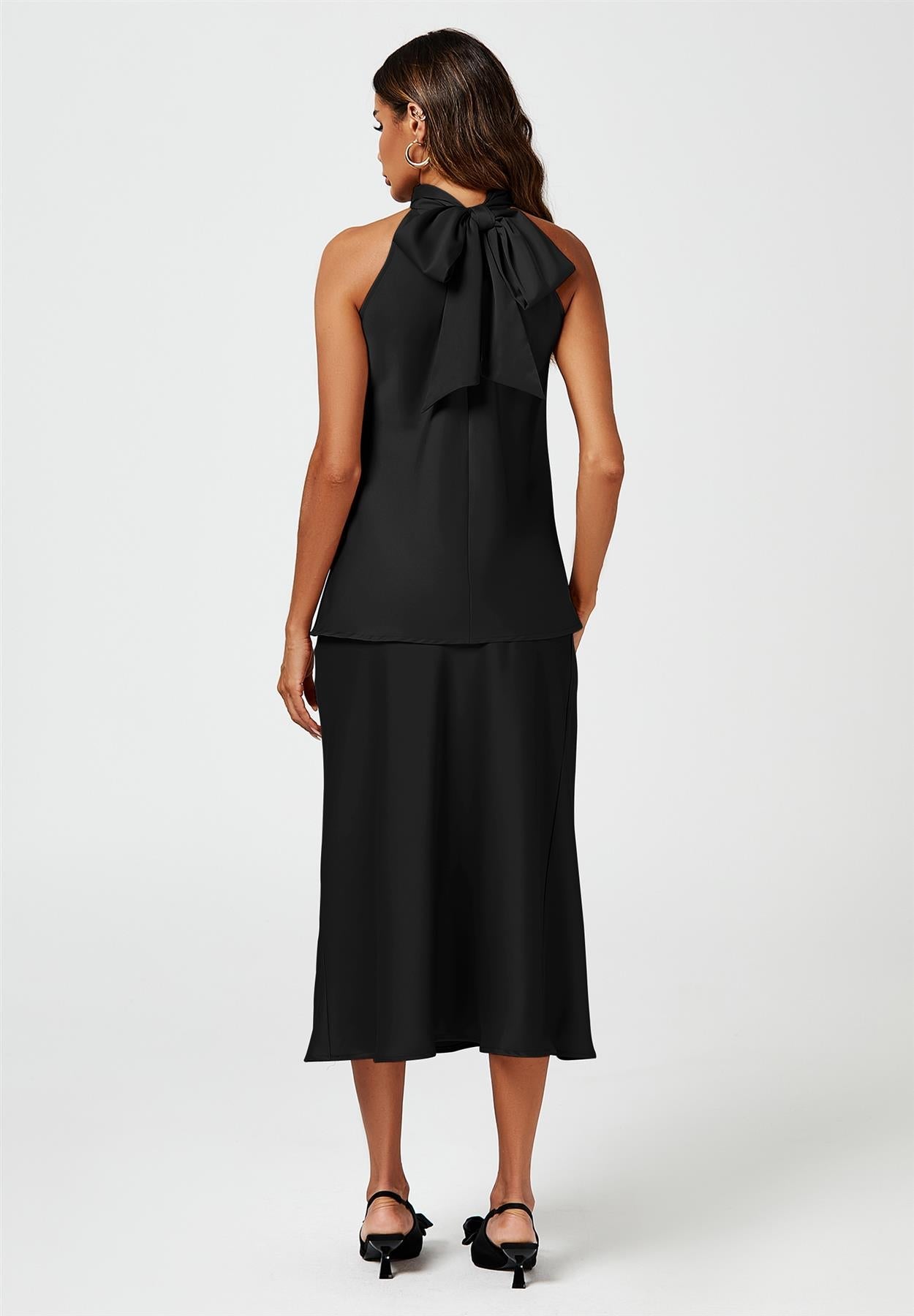 Satin Halter Neck Tie Back Top In Black