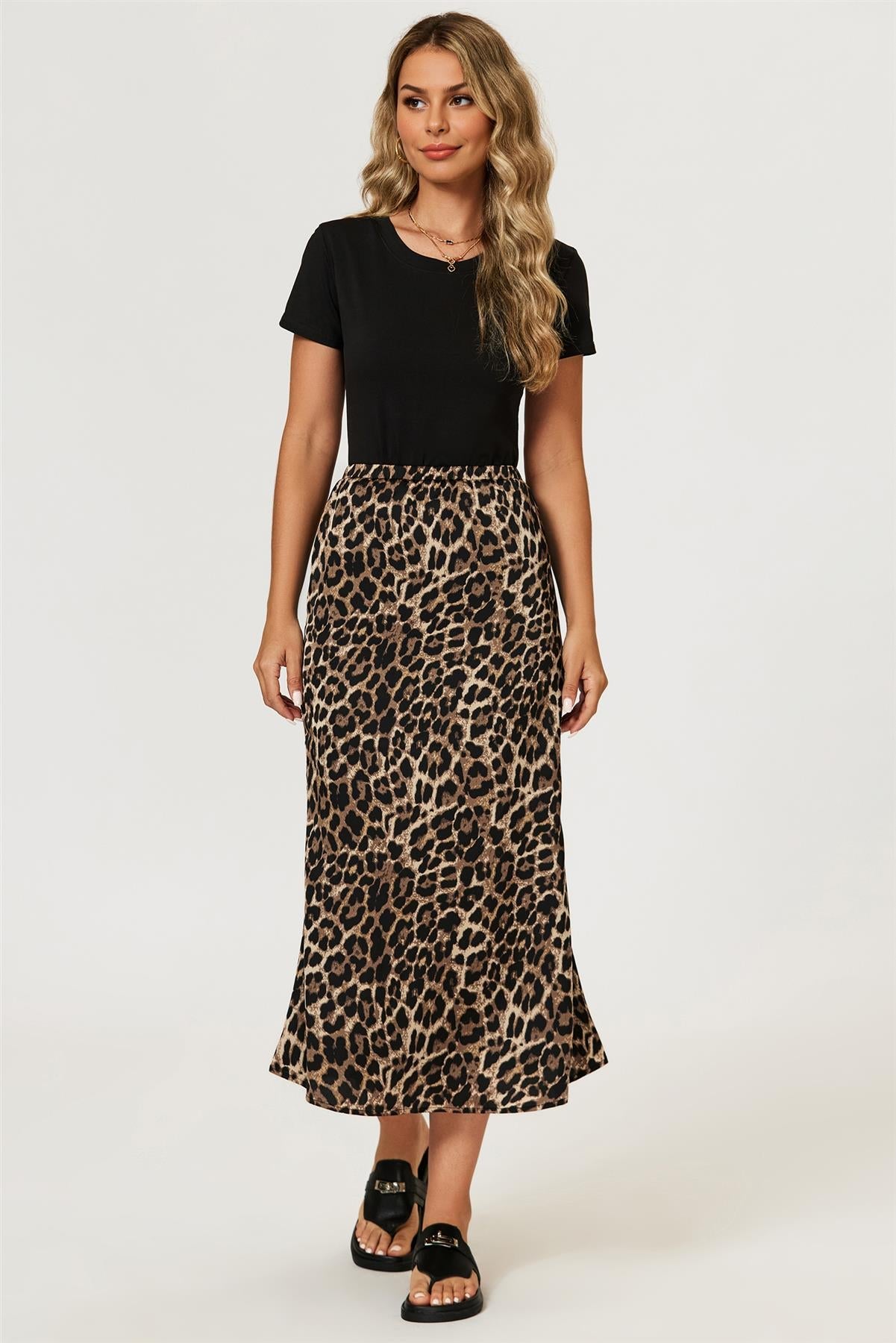 Leopard Print Satin Midi Skirt In Brown