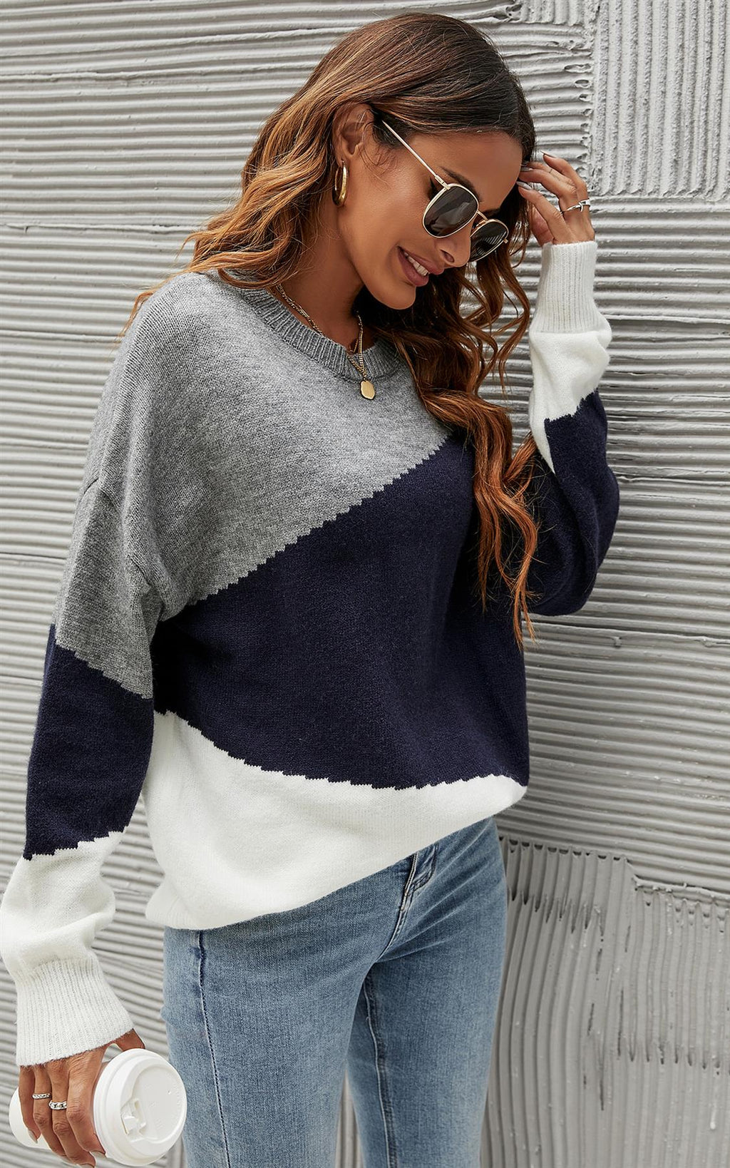 Navy & White Block Colour Jumper Top in Grey - Miola
