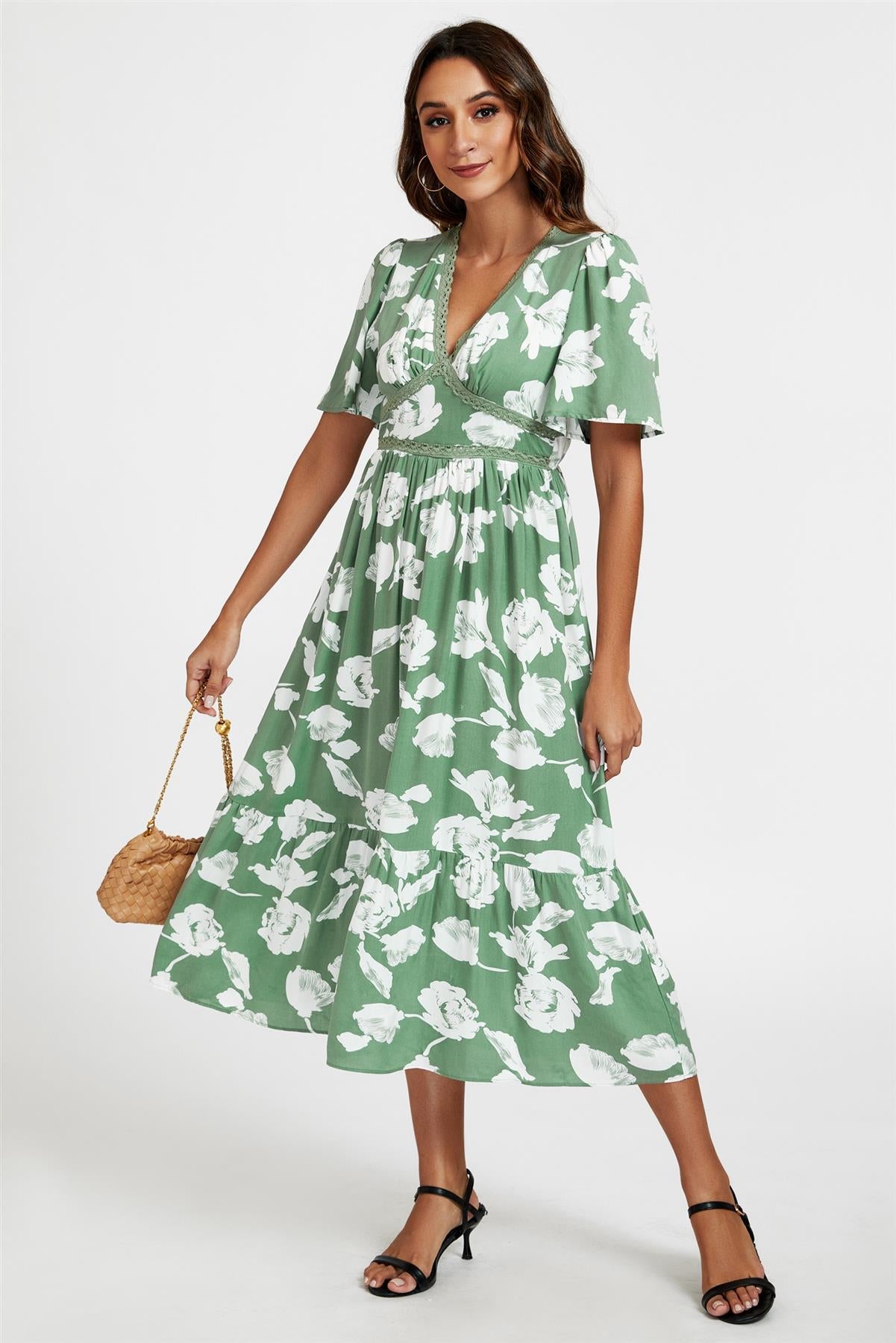 White Floral Print Lace Detail Angel Sleeve Midi Dress In Green