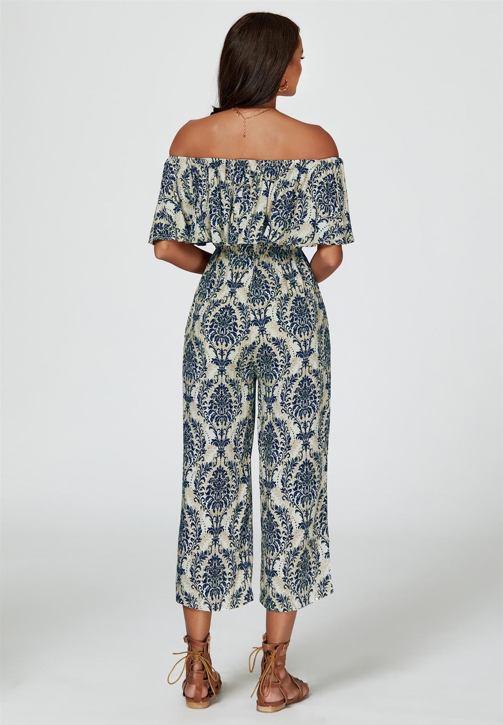 Off The Shoulder Print Frill Jumpsuit In Navy