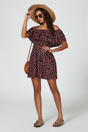 Floral Print Bardot Frill Mini Dress In Black