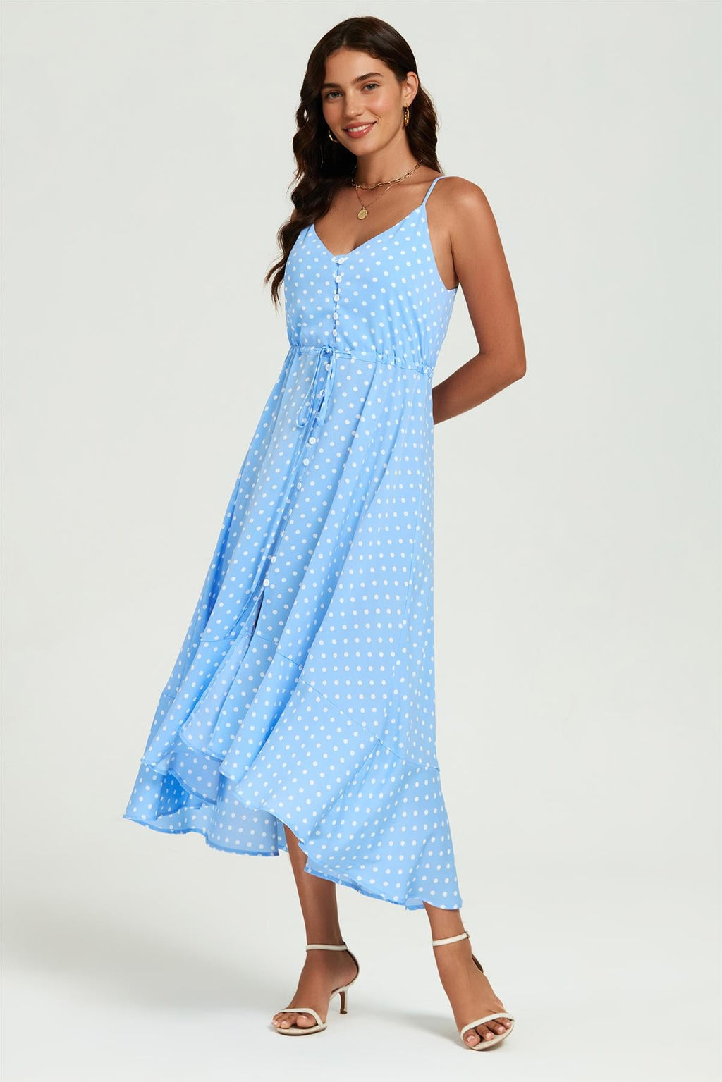 Dot Print Button Down High Low Strappy Dress In Light Blue
