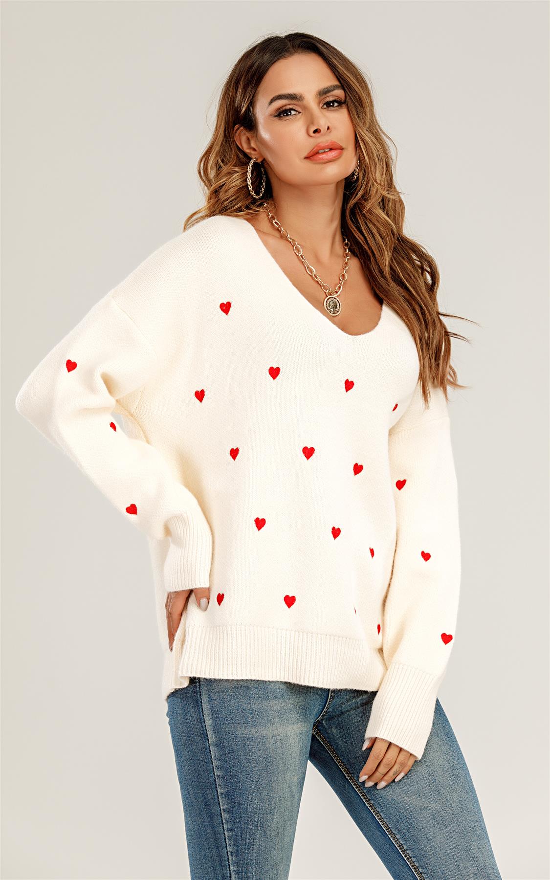 Embroidery Red Heart V Neck Jumper in Cream - Miola