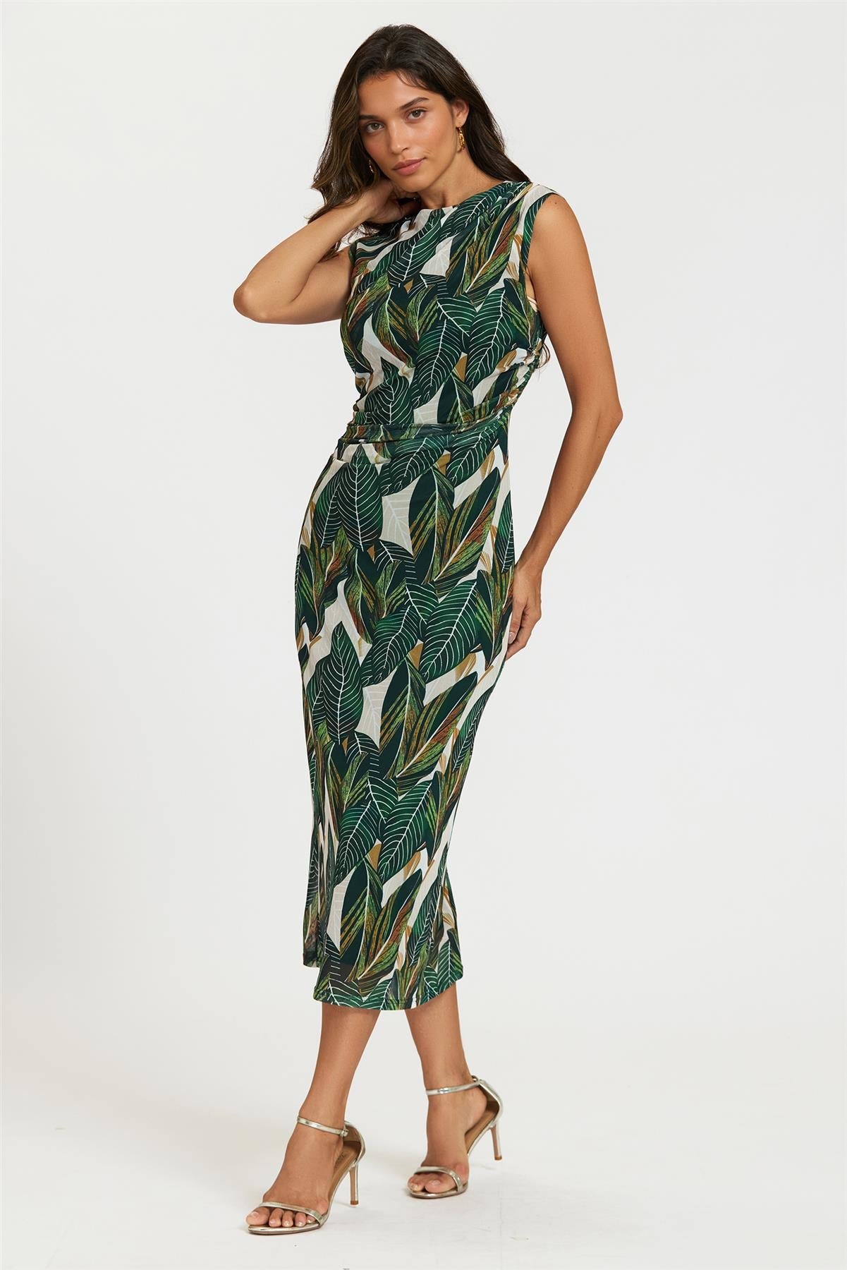 Leaf Print Mesh Maxi Dress in Green - Miola