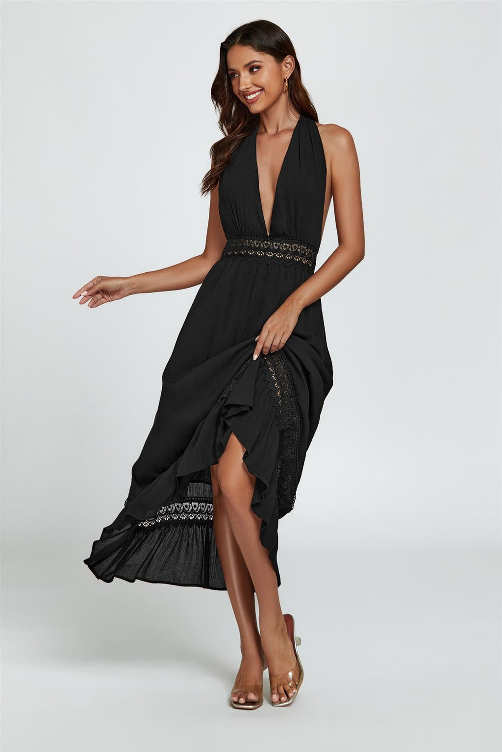 Lace Detail V Neckline Maxi Dress In Black