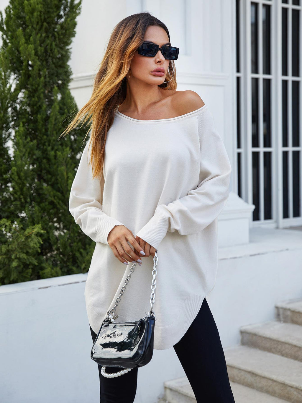 Oversize Knitted Jumper Top in Ecru - Miola