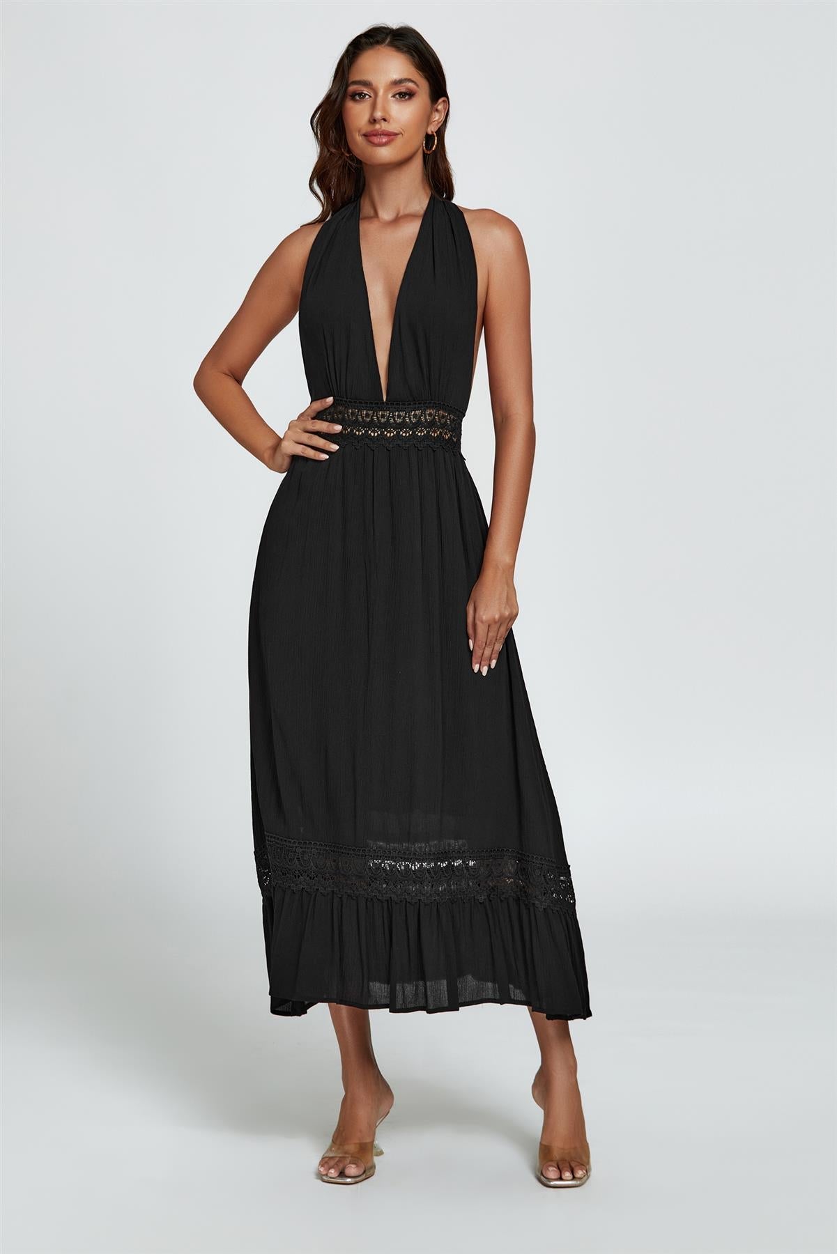 Lace Detail V Neckline Maxi Dress In Black