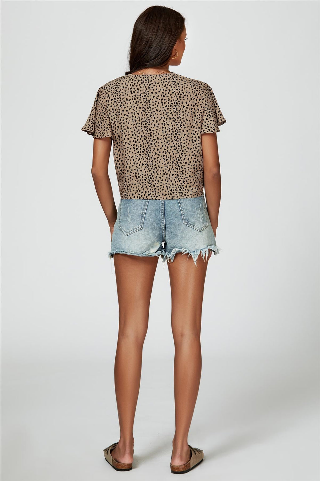 Leopard Print Tie Knot Front Buttoned Crop Top In Beige