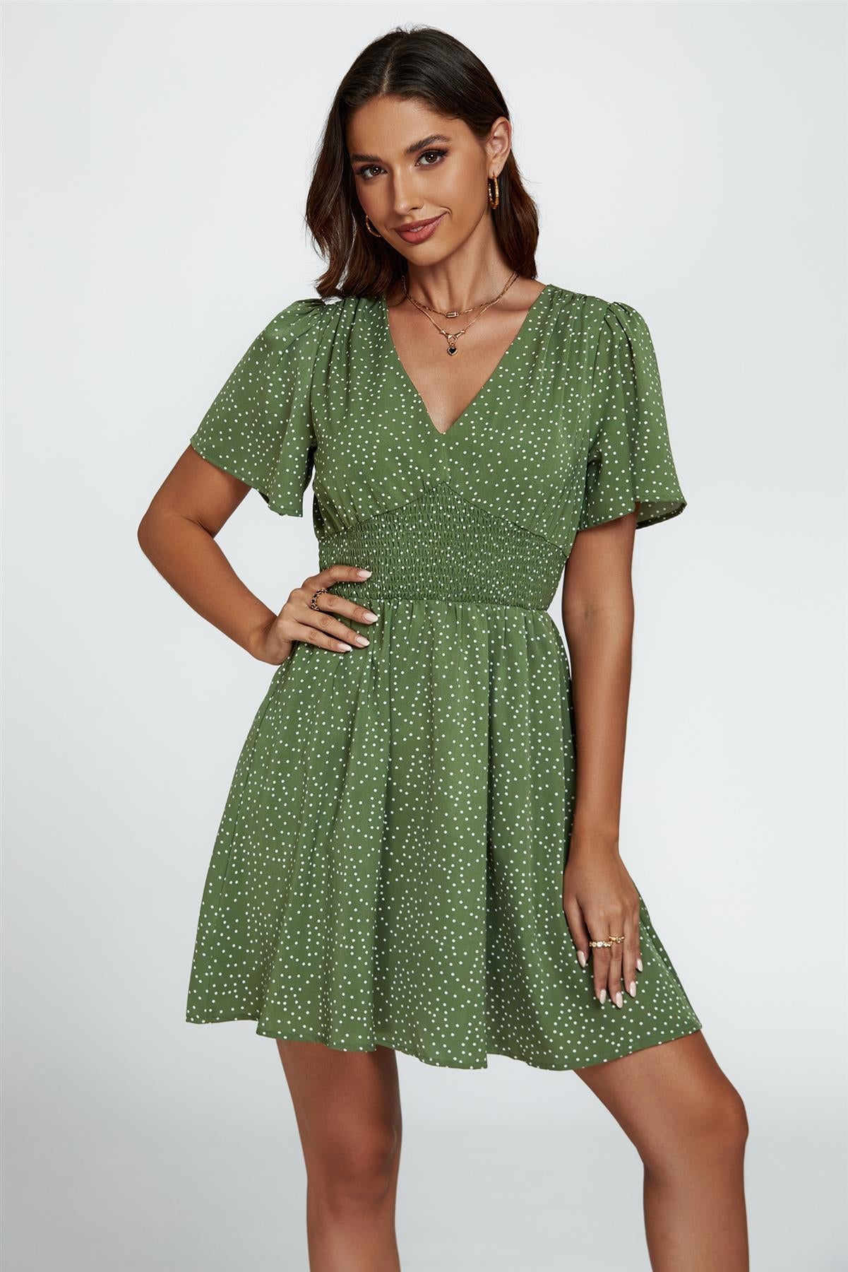 Dot Print Short Sleeve Mini Dress In Green