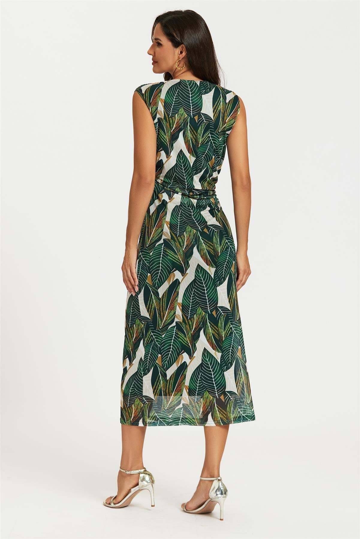 Leaf Print Mesh Maxi Dress in Green - Miola