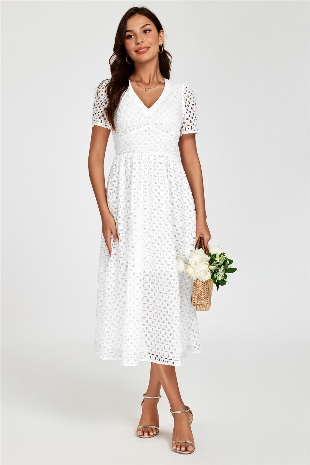 Broderie Anglaise Midi Dress In White
