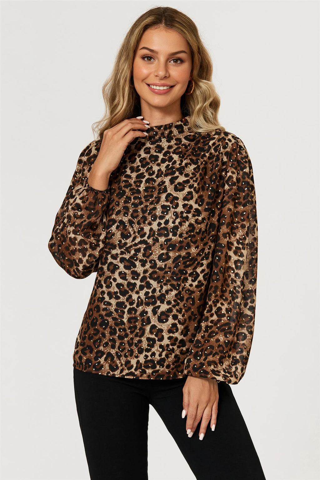 Leopard Print Foil Long Sleeve High Neck Top In Brown