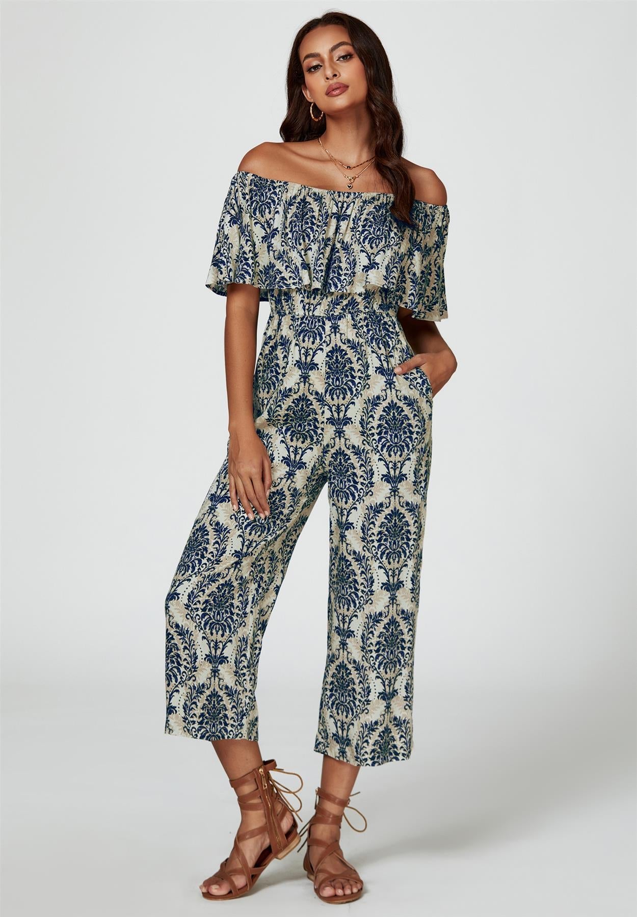 Off The Shoulder Print Frill Jumpsuit In Navy