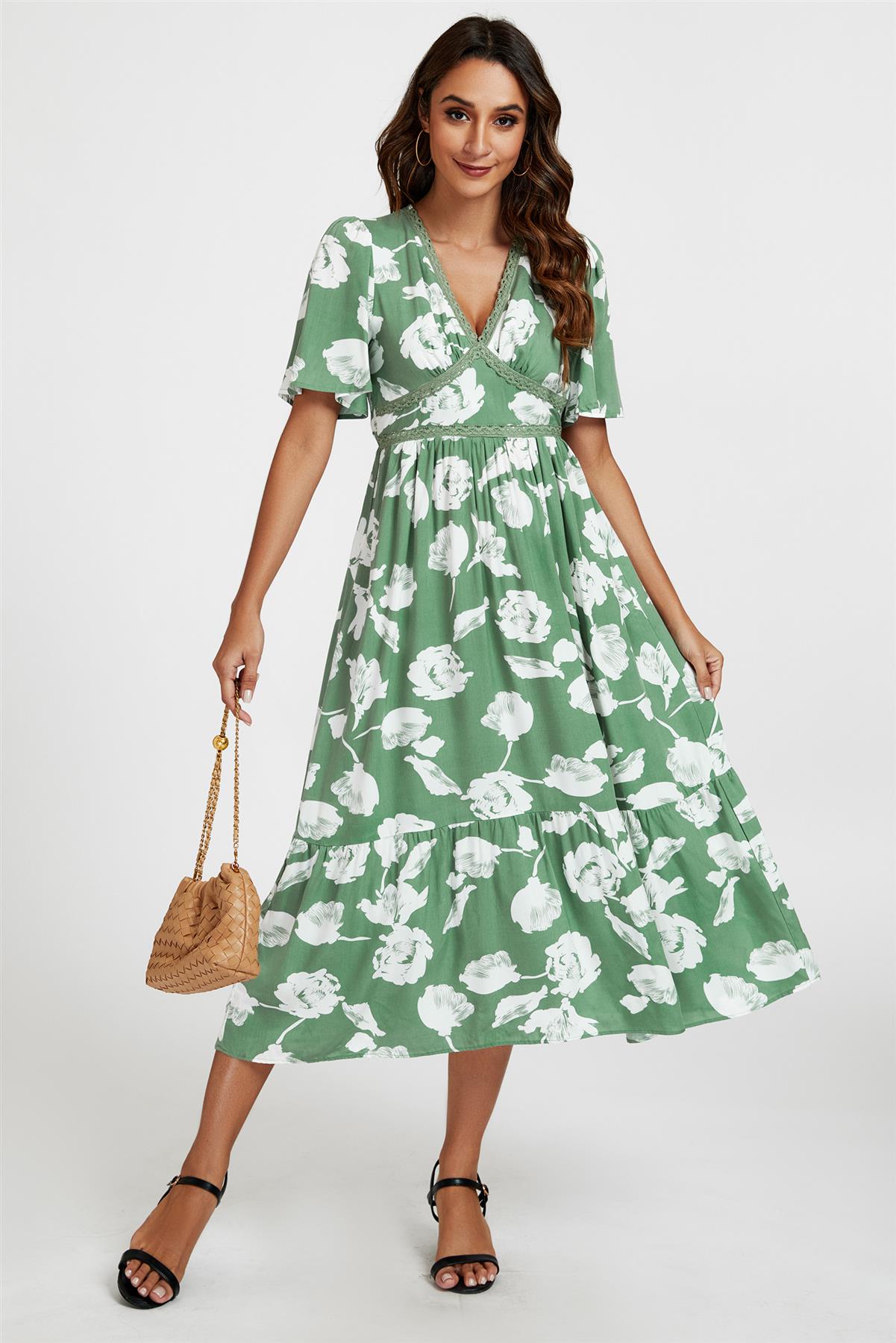 White Floral Print Lace Detail Angel Sleeve Midi Dress In Green
