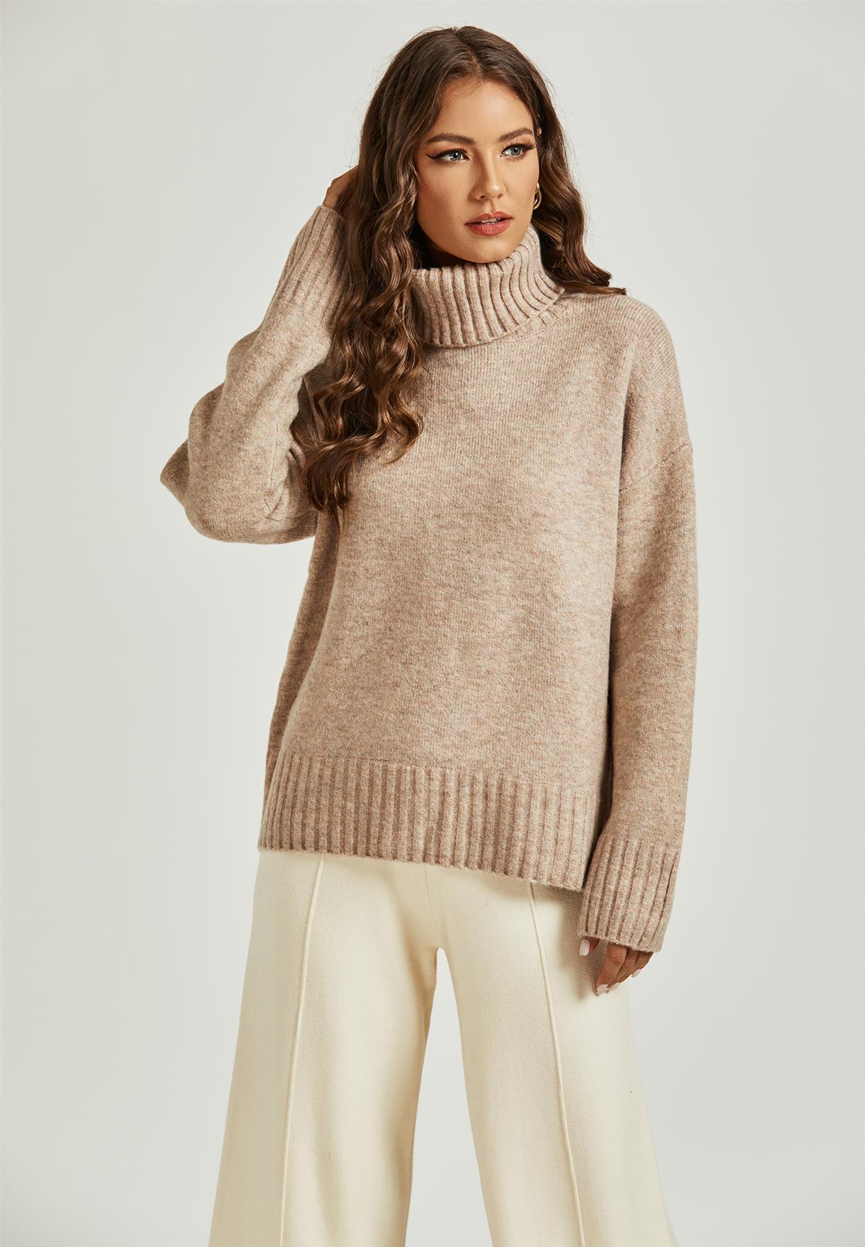 Jumper Top with High Neck in Cream - Miola