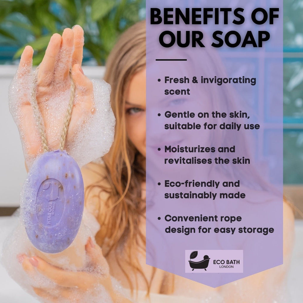 Lavender Soap on A Rope 220g - Luxurious and Eco Friendly Relaxing Body Wash Bar - Miola